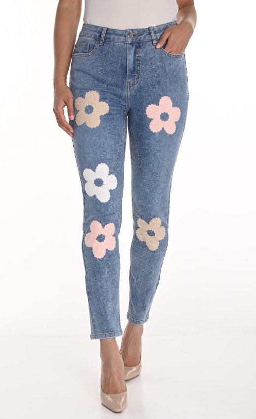 256842U - Applique Daisy Skinny Jean-04-Bottoms-Frank Lyman-Krista Anne's Boutique, Women's Fashion and Accessories Located in Oklahoma City, OK and Black Mountain, NC