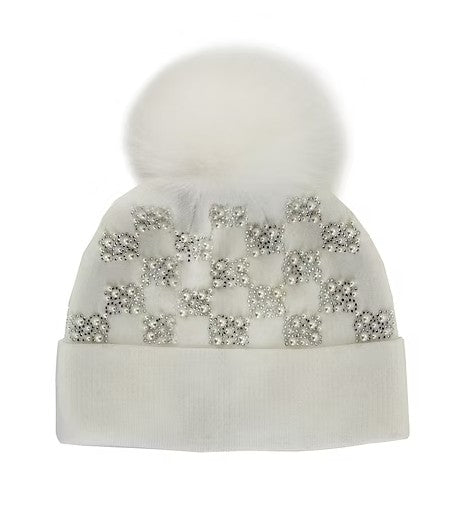 HTAN94 - Checkerboard Pearls Pom Hat-09-Accessories-Mitchie's Matchings-Krista Anne's Boutique, Women's Fashion and Accessories Located in Oklahoma City, OK and Black Mountain, NC