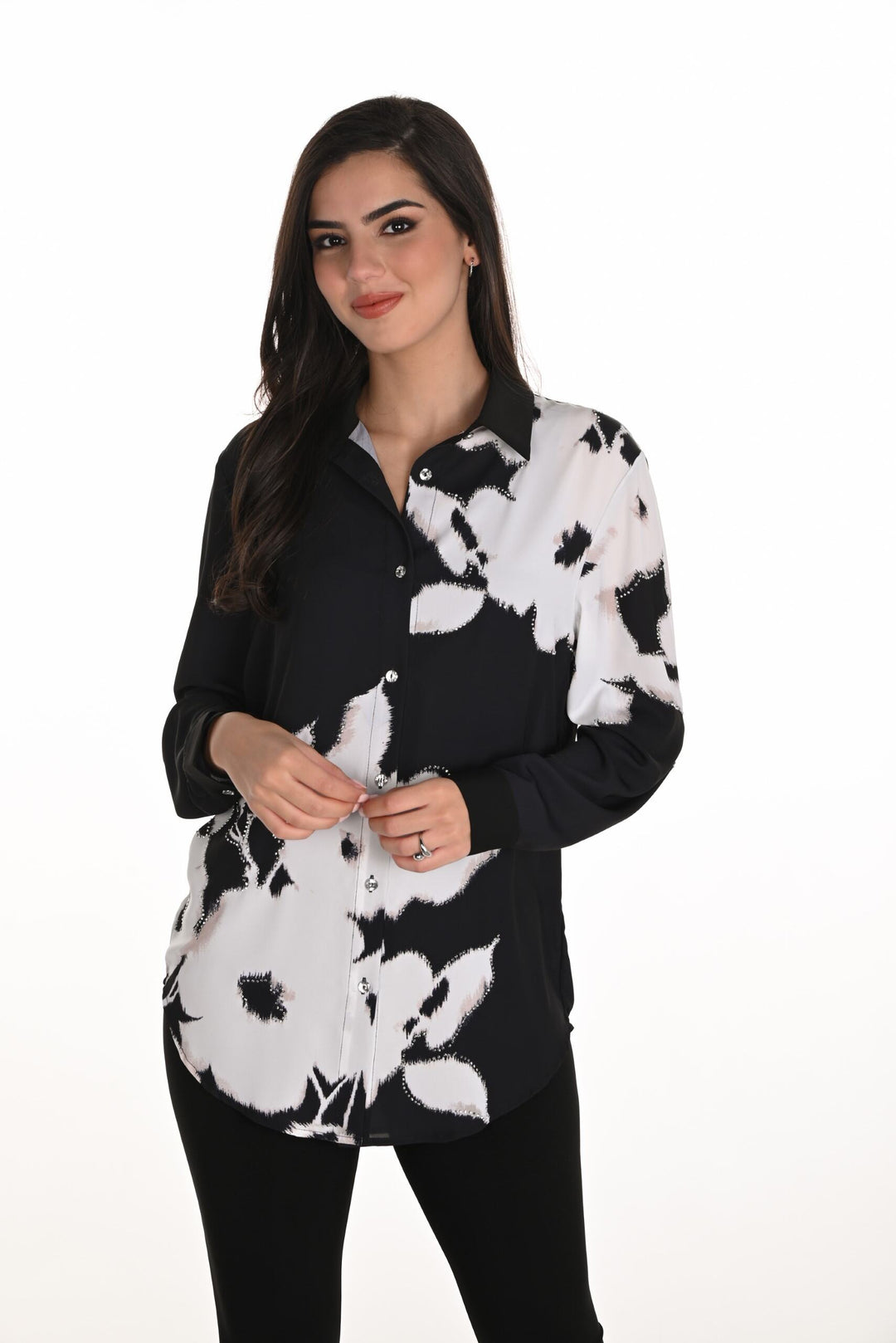 253814 - Monochrome Bloom Button-Up-02-Tops/Blouses-Frank Lyman-Krista Anne's Boutique, Women's Fashion and Accessories Located in Oklahoma City, OK and Black Mountain, NC