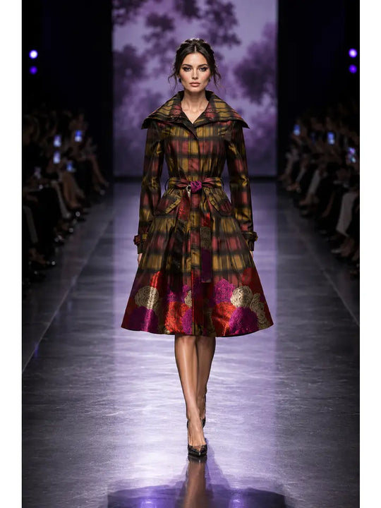17244 - Plaid & Floral Brocade Coat Dress