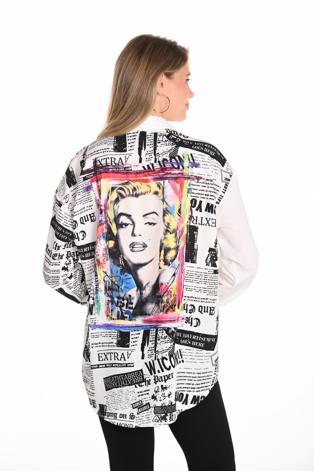 251529 - Marilyn Newspaper Graphic Tunic-02-Tops/Blouses-Frank Lyman-Krista Anne's Boutique, Women's Fashion and Accessories Located in Oklahoma City, OK and Black Mountain, NC