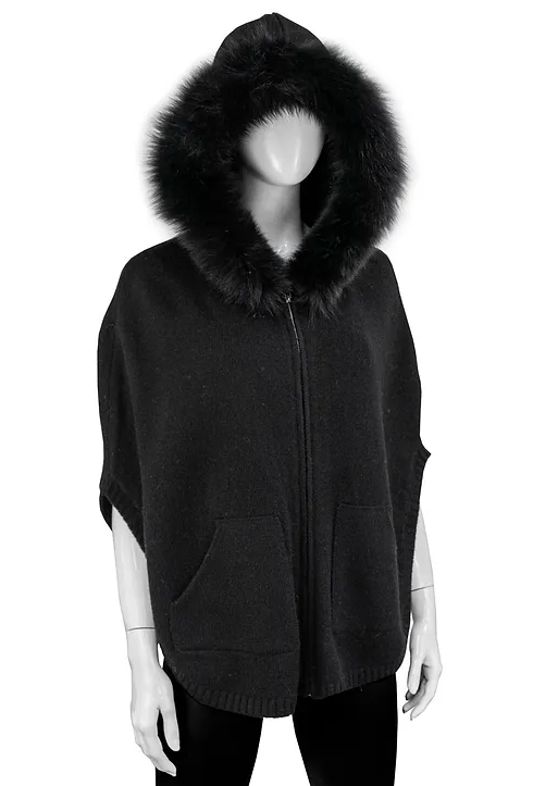 POYU17 - Zip Up Poncho w/ Fur Trimmed Hood-07-Coats/Outerwear-Mitchie's Matchings-Krista Anne's Boutique, Women's Fashion and Accessories Located in Oklahoma City, OK and Black Mountain, NC