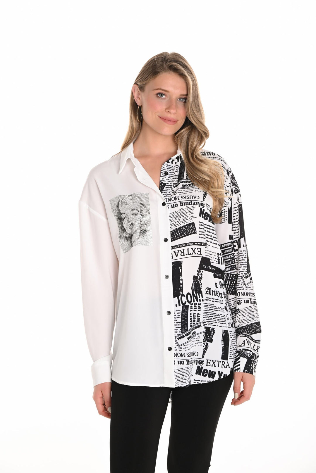 251529 - Marilyn Newspaper Graphic Tunic-02-Tops/Blouses-Frank Lyman-Krista Anne's Boutique, Women's Fashion and Accessories Located in Oklahoma City, OK and Black Mountain, NC