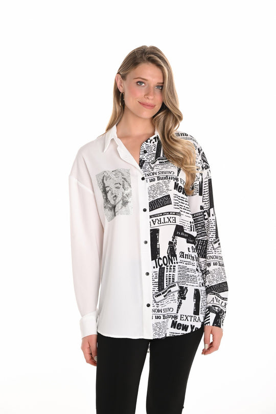 251529 - Marilyn Newspaper Graphic Tunic-02-Tops/Blouses-Frank Lyman-Krista Anne's Boutique, Women's Fashion and Accessories Located in Oklahoma City, OK and Black Mountain, NC