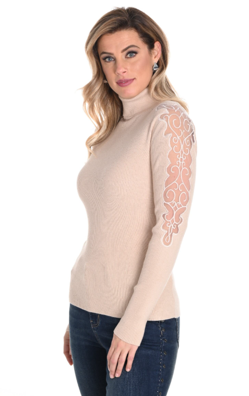 243438U - Sheer Shoulder Mock Neck Sweater-05-Sweaters-Frank Lyman-Krista Anne's Boutique, Women's Fashion and Accessories Located in Oklahoma City, OK and Black Mountain, NC