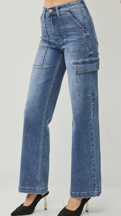 RDP5534 - High Rise Cargo Pocket Wide Leg Jeans-04-Bottoms-Risen Jeans-Krista Anne's Boutique, Women's Fashion and Accessories Located in Oklahoma City, OK and Black Mountain, NC