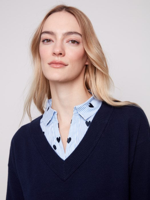 C2568E-464A - V-Neck Fooler Sweater w/ Poplin Shirt Collar-02-Tops/Blouses-Charlie B.-Krista Anne's Boutique, Women's Fashion and Accessories Located in Oklahoma City, OK and Black Mountain, NC