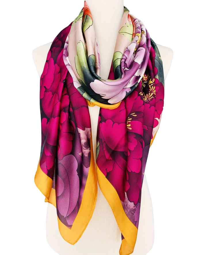 JC023324 - Oriental Peonies Satin Scarf-08-Scarves/Wraps-JC Sunny Fashion-Krista Anne's Boutique, Women's Fashion and Accessories Located in Oklahoma City, OK and Black Mountain, NC