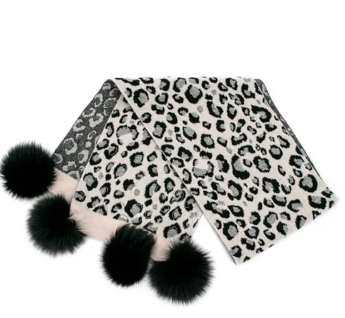 SCIM48 - Crystal Animal Print Scarf W/ Fox Poms-08-Scarves/Wrapes-Mitchie's Matchings-Krista Anne's Boutique, Women's Fashion and Accessories Located in Oklahoma City, OK and Black Mountain, NC