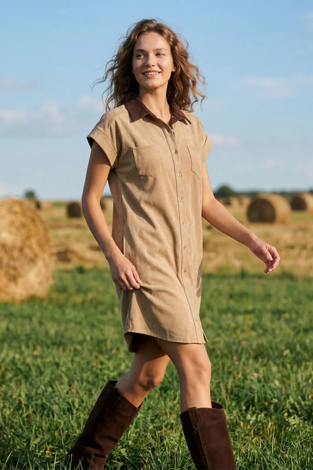 SY9411 - Contrast Collar Suede Dress-06-Dresses/Jumpsuits-She + Sky-Krista Anne's Boutique, Women's Fashion and Accessories Located in Oklahoma City, OK and Black Mountain, NC