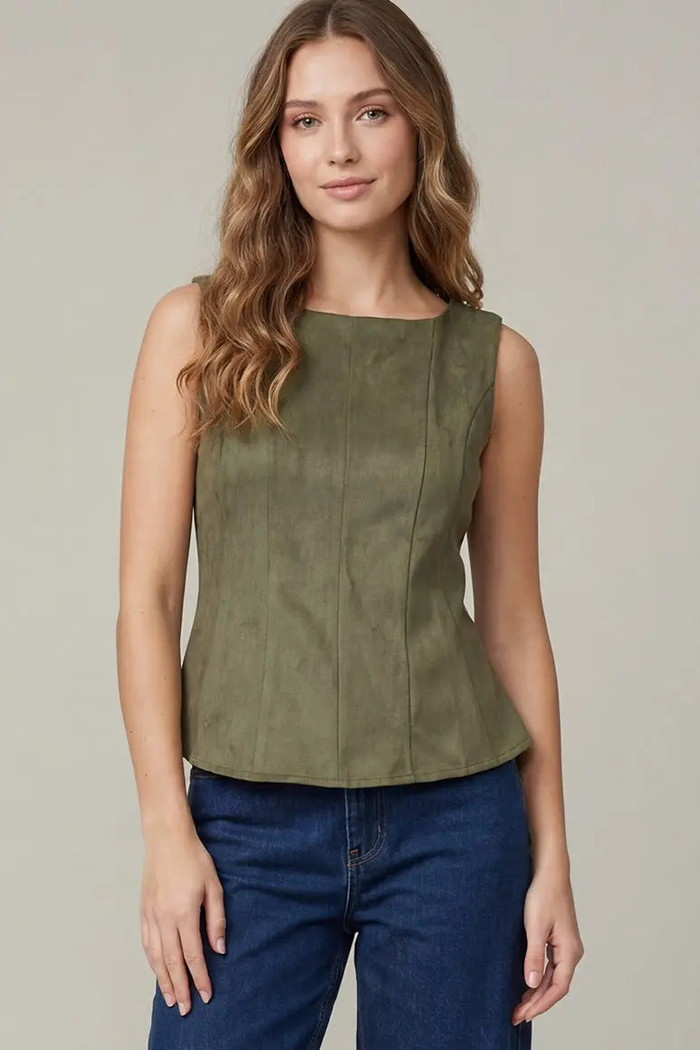 ST1453-T - Sleeveless Suede Peplum Top-02-Tops/Blouses-She + Sky-Krista Anne's Boutique, Women's Fashion and Accessories Located in Oklahoma City, OK and Black Mountain, NC