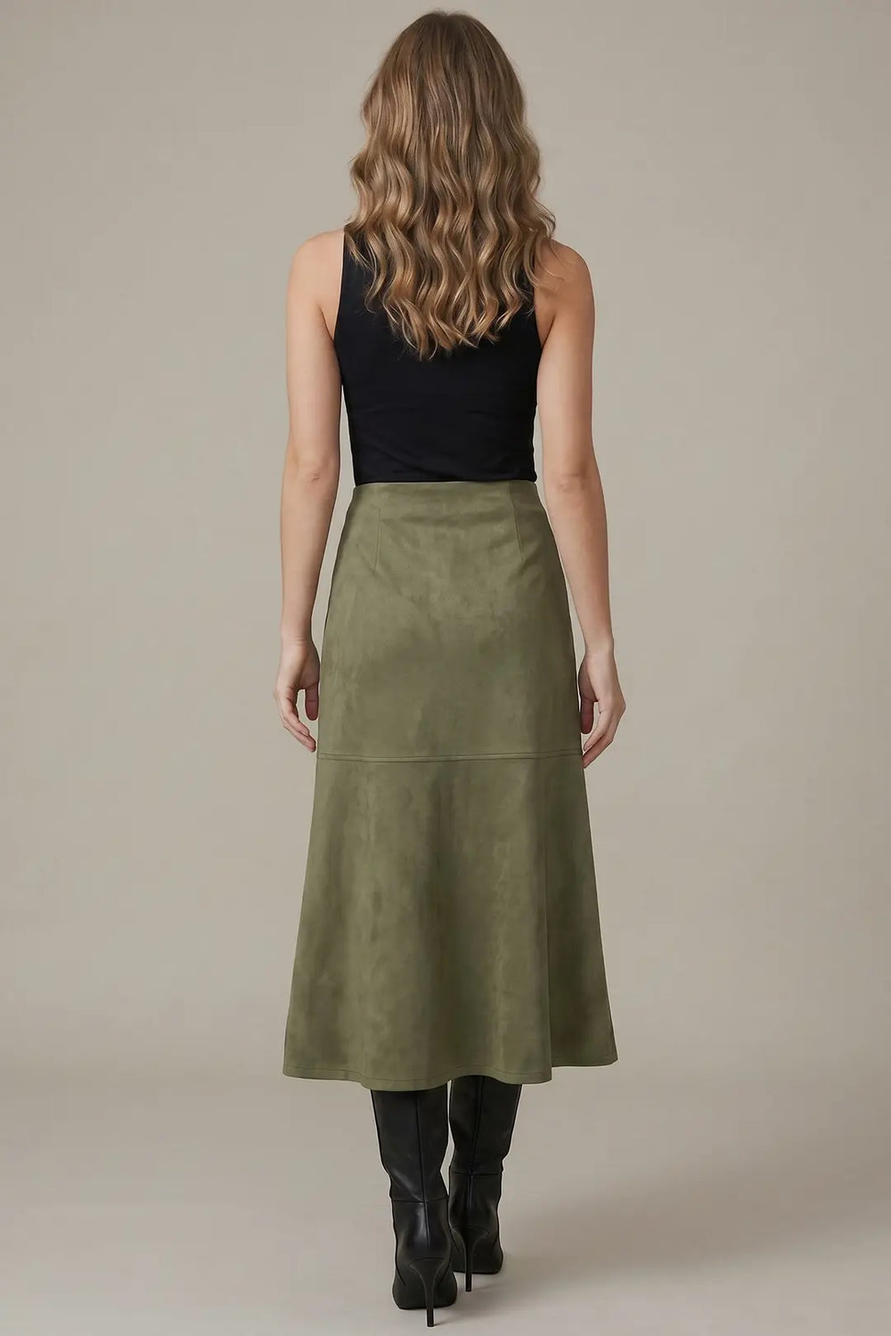 ST1453-S - Suede Midi Skirt-04-Bottoms-She + Sky-Krista Anne's Boutique, Women's Fashion and Accessories Located in Oklahoma City, OK and Black Mountain, NC