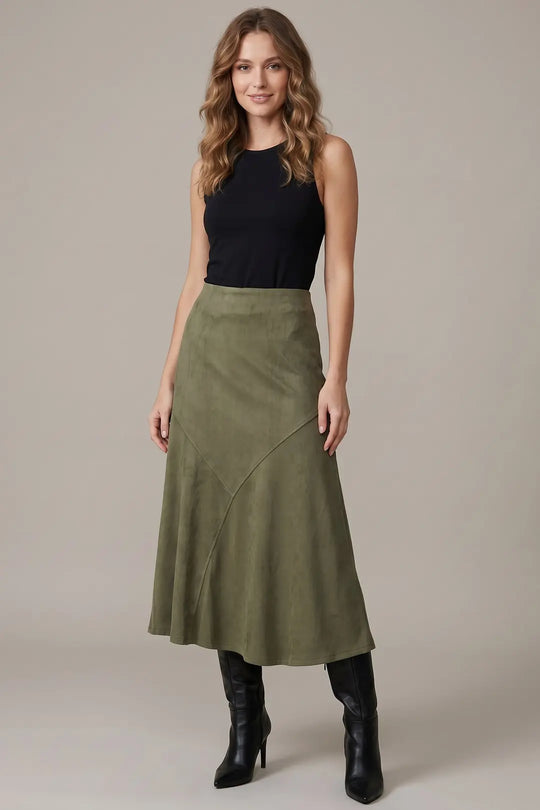 ST1453-S - Suede Midi Skirt-04-Bottoms-She + Sky-Krista Anne's Boutique, Women's Fashion and Accessories Located in Oklahoma City, OK and Black Mountain, NC