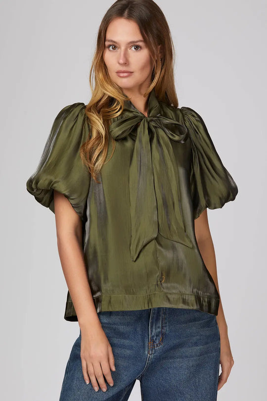 SY9845R - Olive Afterglow Bow Blouse-02-Tops/Blouses-She + Sky-Krista Anne's Boutique, Women's Fashion and Accessories Located in Oklahoma City, OK and Black Mountain, NC