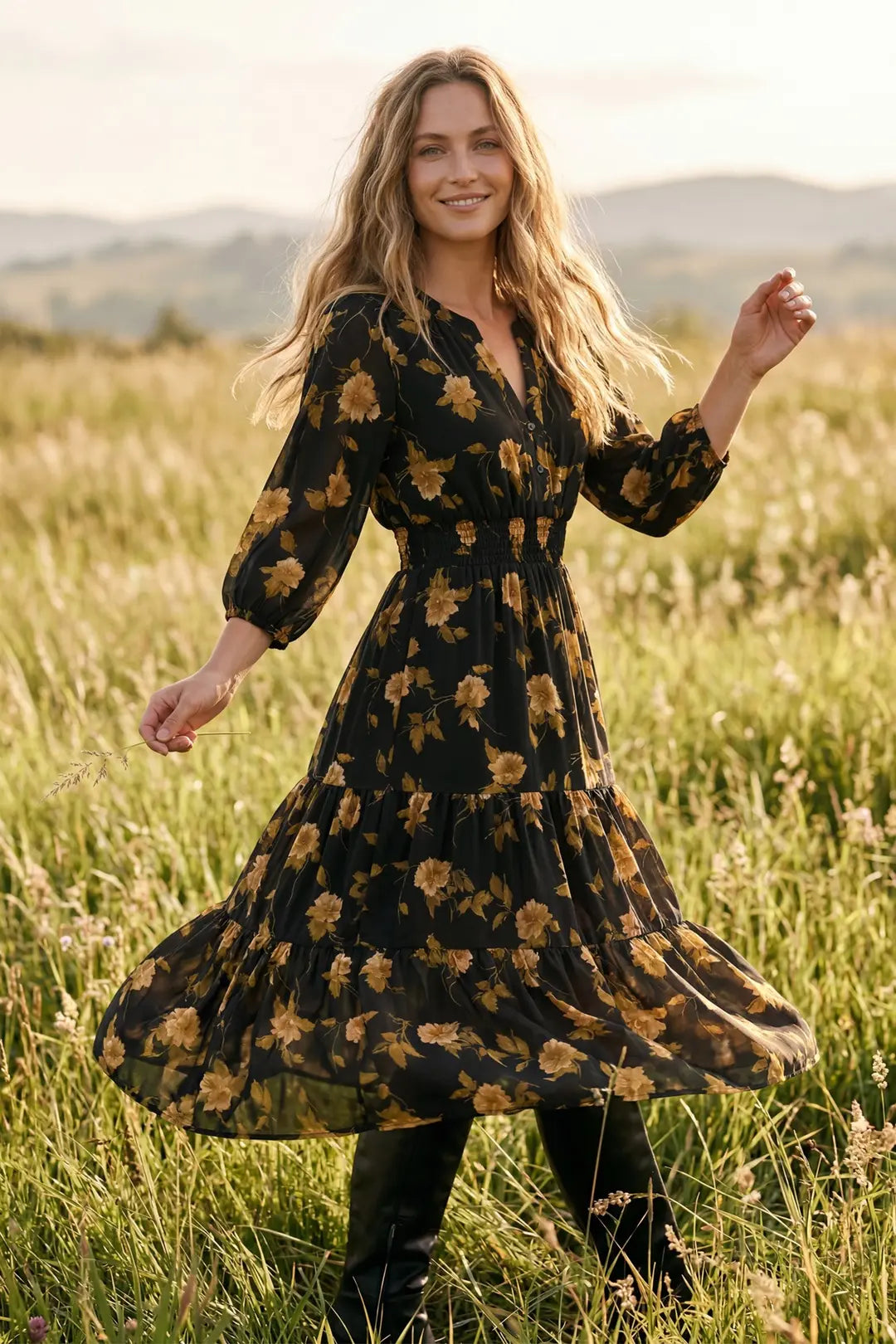 ST1845 - Floral Prairie Dress-06-Dresses/Jumpsuits-She + Sky-Krista Anne's Boutique, Women's Fashion and Accessories Located in Oklahoma City, OK and Black Mountain, NC