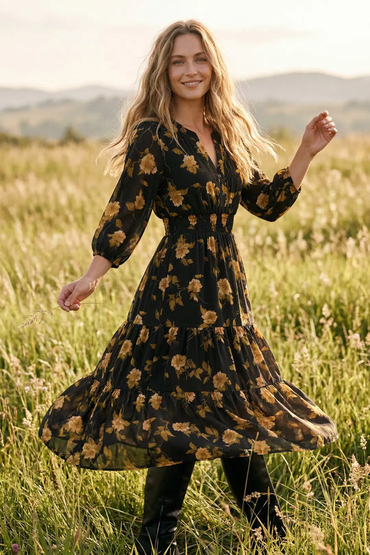 ST1845 - Floral Prairie Dress-06-Dresses/Jumpsuits-She + Sky-Krista Anne's Boutique, Women's Fashion and Accessories Located in Oklahoma City, OK and Black Mountain, NC