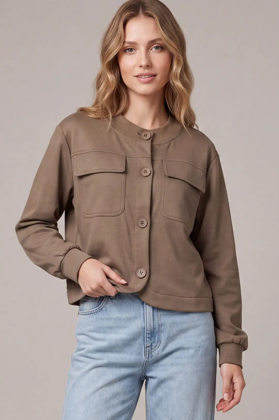 ST2067-J - Suede Large Button Jacket-01-Jackets/Blazers-She + Sky-Krista Anne's Boutique, Women's Fashion and Accessories Located in Oklahoma City, OK and Black Mountain, NC
