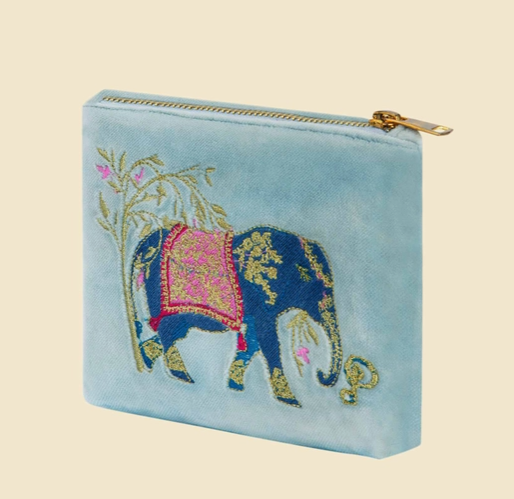 VMP18 - Elephant in Cornflower Velvet Embroidered Mini Pouch