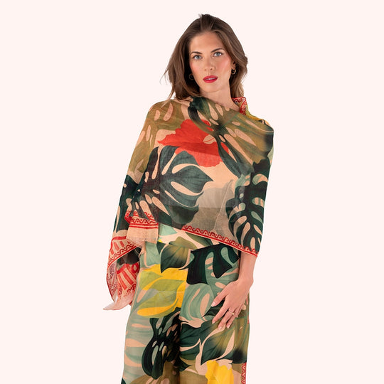 LIN38 - Exotic Leaves Scarf-08-Scarves/Wraps-Powder-Krista Anne's Boutique, Women's Fashion and Accessories Located in Oklahoma City, OK and Black Mountain, NC