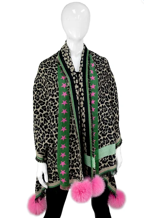 SCAJ10 - Animal Print Scarf w/ Fox Poms-08-Scarves/Wrapes-Mitchie's Matchings-Krista Anne's Boutique, Women's Fashion and Accessories Located in Oklahoma City, OK and Black Mountain, NC