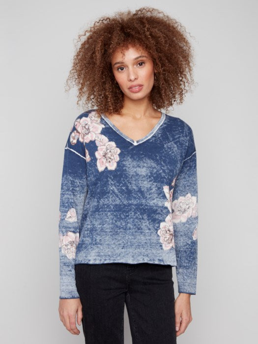 C2907-626B - Reversible V-Neck Sweater w/ Floral Placement Print-05-Sweaters-Charlie B.-Krista Anne's Boutique, Women's Fashion and Accessories Located in Oklahoma City, OK and Black Mountain, NC