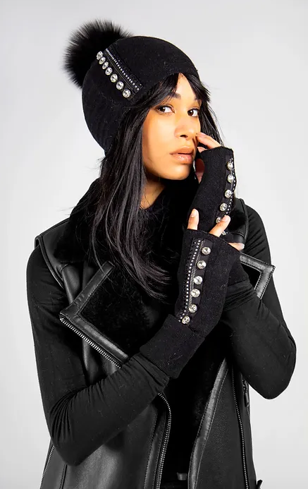 GLIM80 - Knit Fingerless Gloves w/ Zipper and Crystals-09-Accessories-Mitchie's Matchings-Krista Anne's Boutique, Women's Fashion and Accessories Located in Oklahoma City, OK and Black Mountain, NC