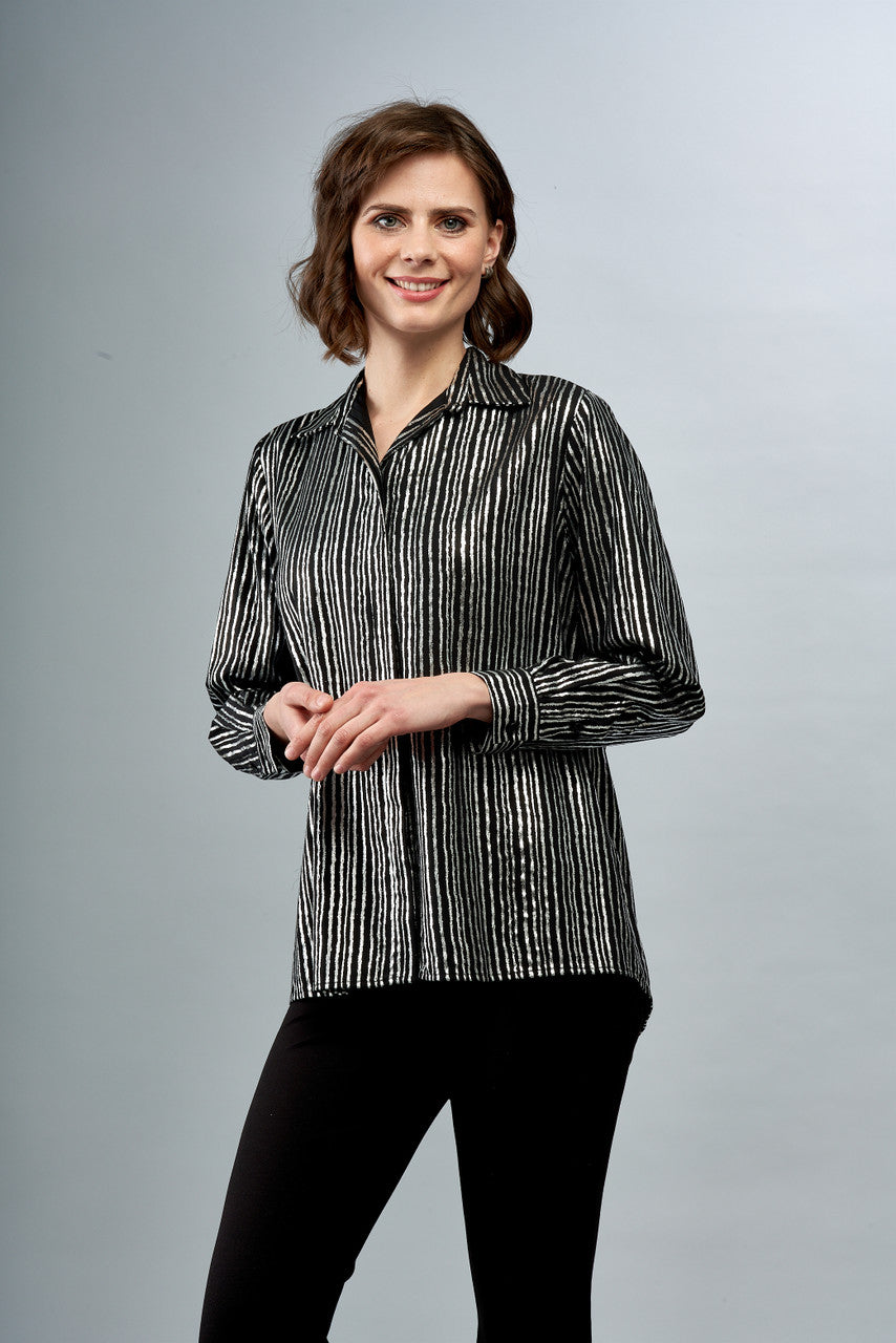 BCT1857 - Silver Lines Printed Blouse-02-Tops/Blouses-Insight-Krista Anne's Boutique, Women's Fashion and Accessories Located in Oklahoma City, OK and Black Mountain, NC