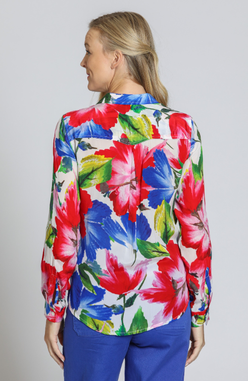 B-52P/B-746D/NC - Bursting Blooms Button-Up w/ Roll-Up Sleeve-02-Tops/Blouses-Apny Apparel Inc-Krista Anne's Boutique, Women's Fashion and Accessories Located in Oklahoma City, OK and Black Mountain, NC