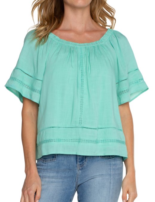 LM8C60EE4 - Cropped Bell Sleeve Woven Top w/ Lace Trim-02-Tops/Blouses-Liverpool-Krista Anne's Boutique, Women's Fashion and Accessories Located in Oklahoma City, OK and Black Mountain, NC