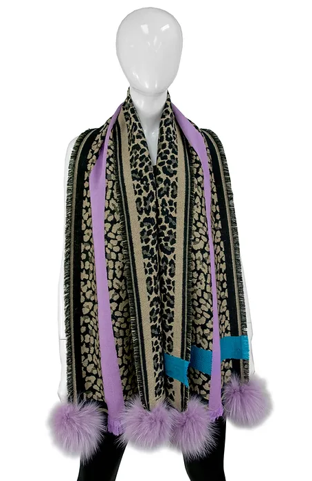 SCAJ11 - Narrow Contrasting Stripe/Animal Print Scarf w/ Fox Poms-08-Scarves/Wrapes-Mitchie's Matchings-Krista Anne's Boutique, Women's Fashion and Accessories Located in Oklahoma City, OK and Black Mountain, NC