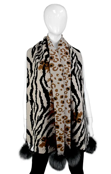 SCOC05 - Narrow Zebra Print Scarf w/ Fox Poms-08-Scarves/Wrapes-Mitchie's Matchings-Krista Anne's Boutique, Women's Fashion and Accessories Located in Oklahoma City, OK and Black Mountain, NC