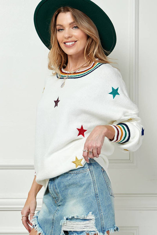 CS5052 - Ombre Star Stripe Knit Sweater-05-Sweaters-Cezele-Krista Anne's Boutique, Women's Fashion and Accessories Located in Oklahoma City, OK and Black Mountain, NC