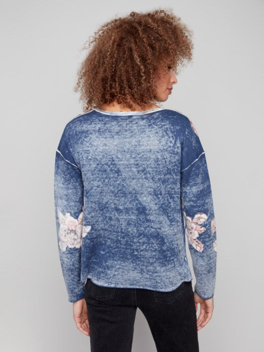 C2907-626B - Reversible V-Neck Sweater w/ Floral Placement Print-05-Sweaters-Charlie B.-Krista Anne's Boutique, Women's Fashion and Accessories Located in Oklahoma City, OK and Black Mountain, NC