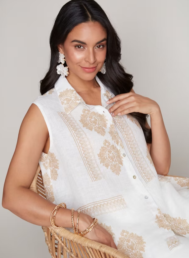 7888 - Sleeveless Linen Medallion Top-02-Tops/Blouses-Carre Noir-Krista Anne's Boutique, Women's Fashion and Accessories Located in Oklahoma City, OK and Black Mountain, NC
