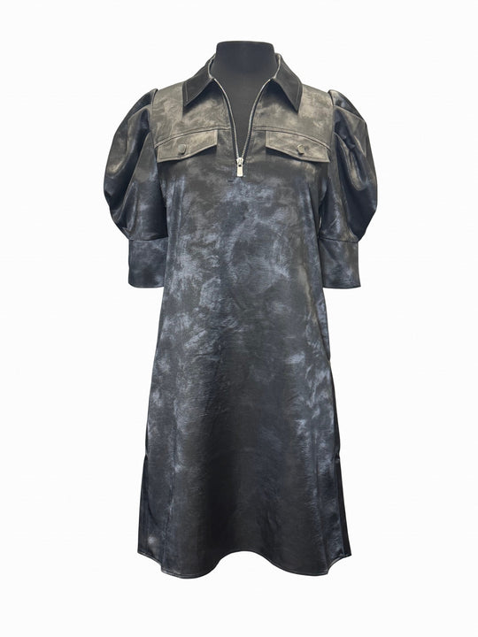 Crema-2 - Elbow Puff-Sleeve Quarter-Zip Dress