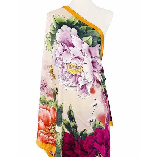JC023324 - Oriental Peonies Satin Scarf-08-Scarves/Wraps-JC Sunny Fashion-Krista Anne's Boutique, Women's Fashion and Accessories Located in Oklahoma City, OK and Black Mountain, NC