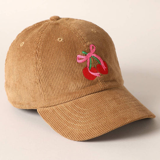 Cherries Ribbon Bow Embroidery Corduroy Cap-09-Accessories-Fashion City-Krista Anne's Boutique, Women's Fashion and Accessories Located in Oklahoma City, OK and Black Mountain, NC