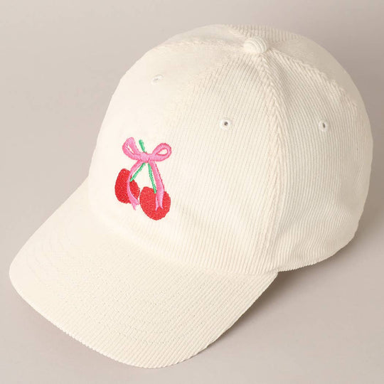 Cherries Ribbon Bow Embroidery Corduroy Cap-09-Accessories-Fashion City-Krista Anne's Boutique, Women's Fashion and Accessories Located in Oklahoma City, OK and Black Mountain, NC