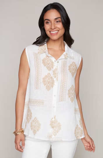 7888 - Sleeveless Linen Medallion Top-02-Tops/Blouses-Carre Noir-Krista Anne's Boutique, Women's Fashion and Accessories Located in Oklahoma City, OK and Black Mountain, NC
