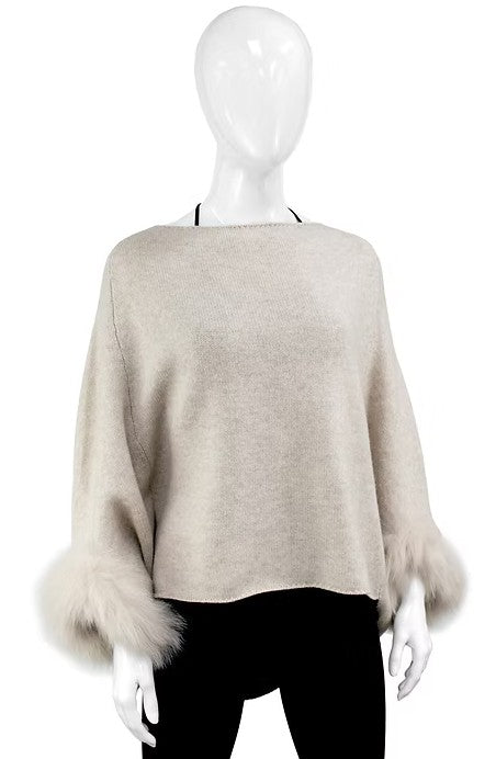 POIM70 - Knit Poncho w/ Lurex & Fox Fur Trim-08-Scarves/Wraps-Mitchie's Matchings-Krista Anne's Boutique, Women's Fashion and Accessories Located in Oklahoma City, OK and Black Mountain, NC