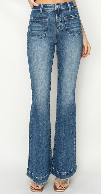 RDP5297 - High Rise Patched Pocket Front Flare Jeans-04-Bottoms-Risen Jeans-Krista Anne's Boutique, Women's Fashion and Accessories Located in Oklahoma City, OK and Black Mountain, NC