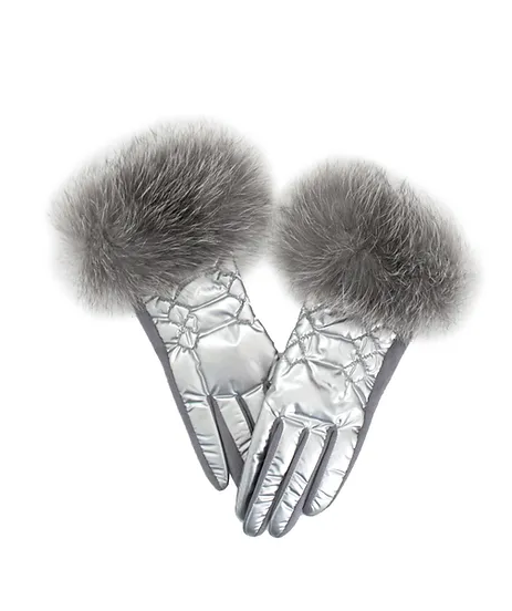 GLVM01 - Metallic Puffer Glove w/ Fox Fur Trim-09-Accessories-Mitchie's Matchings-Krista Anne's Boutique, Women's Fashion and Accessories Located in Oklahoma City, OK and Black Mountain, NC