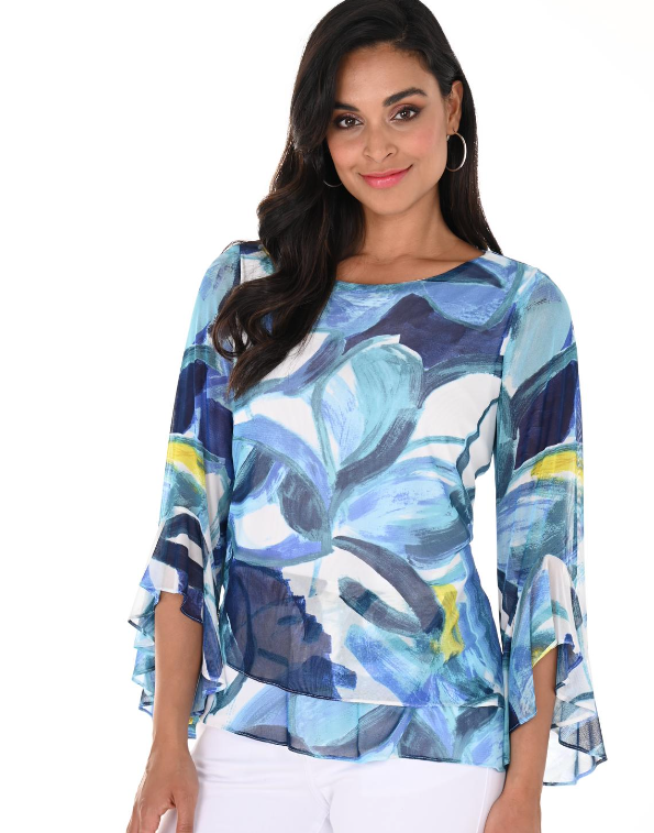246396 - Printed Mesh Flutter Sleeve Top-2-Tops/Blouses-Frank Lyman-Krista Anne's Boutique, Women's Fashion and Accessories Located in Oklahoma City, OK