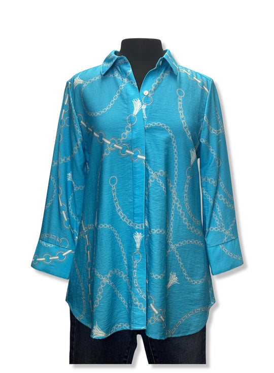 842168T - Hidden Placket Chain Print Blouse-02-Tops/Blouses-Boho Chic-Krista Anne's Boutique, Women's Fashion and Accessories Located in Oklahoma City, OK and Black Mountain, NC