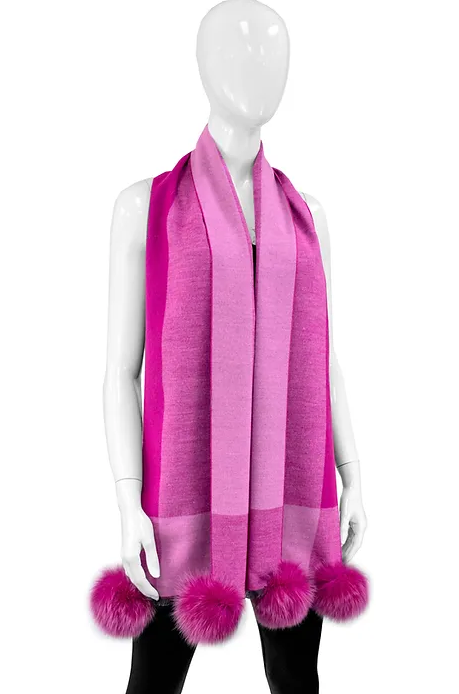 SCCO55 - Narrow Woven Colorblock Scarf w/ Fox Poms