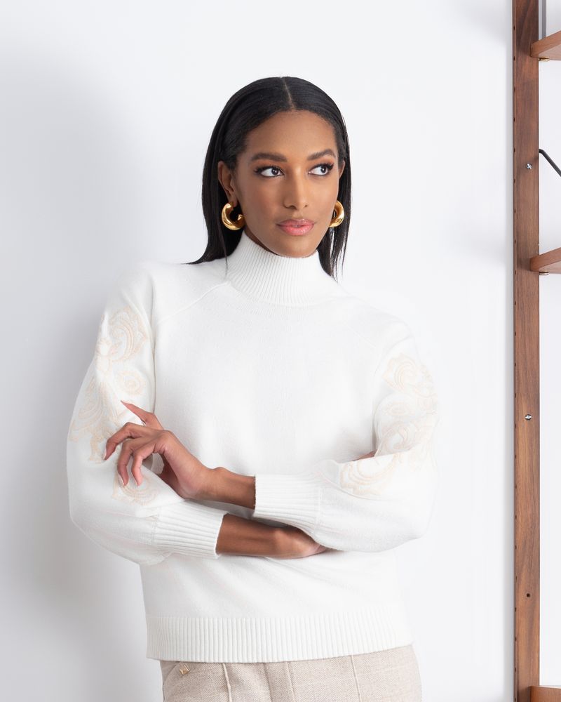 A46005 - Embroidered Sleeve Sweater-05-Sweaters-Alison Sheri-Krista Anne's Boutique, Women's Fashion and Accessories Located in Oklahoma City, OK and Black Mountain, NC