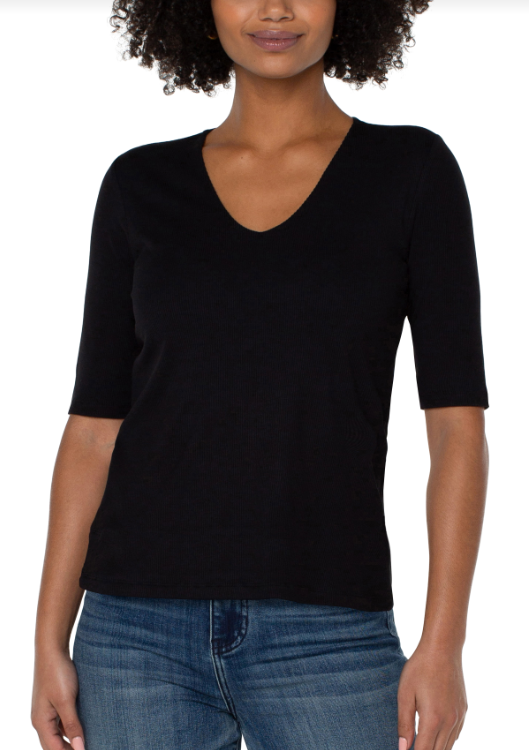 LM8A11K40 - Double Layer V-Neck 1/2 Sleeve Rib Knit Top-02-Tops/Blouses-Liverpool-Krista Anne's Boutique, Women's Fashion and Accessories Located in Oklahoma City, OK and Black Mountain, NC