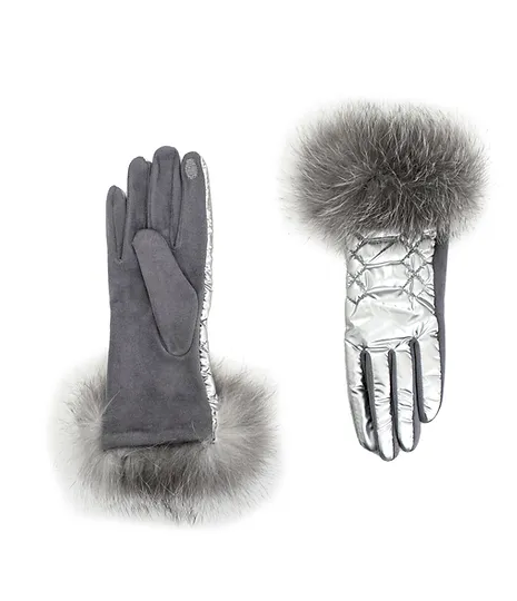 GLVM01 - Metallic Puffer Glove w/ Fox Fur Trim-09-Accessories-Mitchie's Matchings-Krista Anne's Boutique, Women's Fashion and Accessories Located in Oklahoma City, OK and Black Mountain, NC