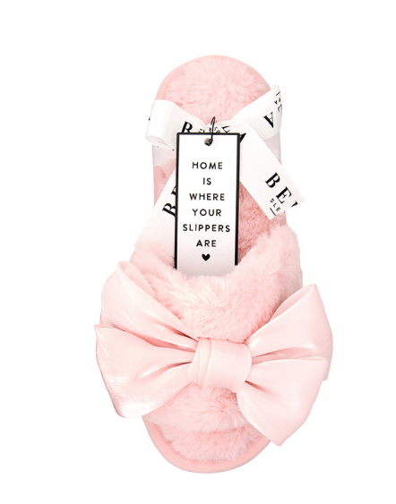 R0844 - Lt Blush Bow Plush Slippers-12-Gifts-Bella Apparel-Krista Anne's Boutique, Women's Fashion and Accessories Located in Oklahoma City, OK and Black Mountain, NC