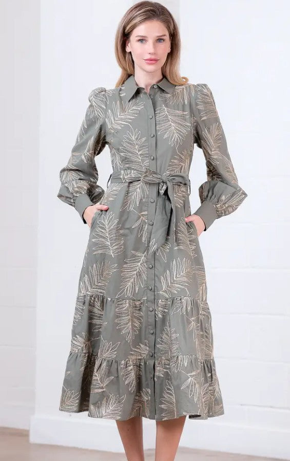 HD30410T - Gold Embroidered Palms Midi Dress-06-Dresses/Jumpsuits-Aslan Rose-Krista Anne's Boutique, Women's Fashion and Accessories Located in Oklahoma City, OK and Black Mountain, NC